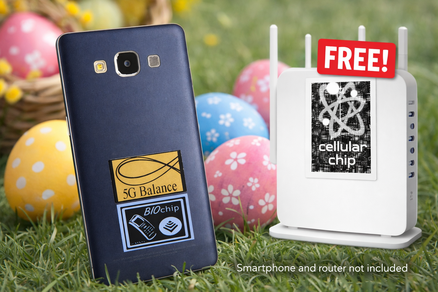 Smartphone und Router mit Ostereiern Set Protezione Pasqua + E-Smog-Chip GRATIS (solo fino a Pasquetta)